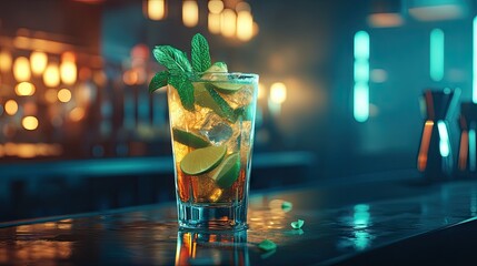 A mojito cocktail in a highball glass with mint and lime, placed on a glossy bar counter under moody lights