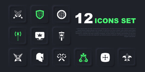 Set Crusade, Fleur lys or lily flower, King crown, Princess queen, Medieval poleaxe, helmet, Shield and Crossed battle hammers icon. Vector