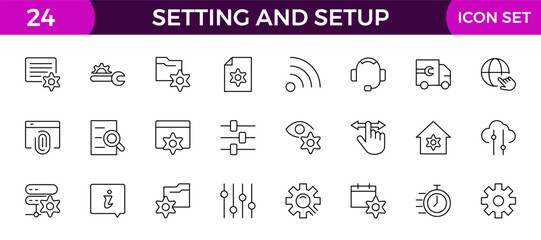 Setting and setup Solid icon collection. app and website settings icon set. options, configuration, preferences, adjustments, tools, gear, control panel, management, and productivity icons.