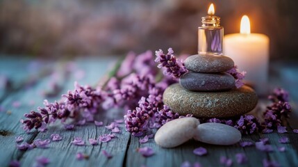Spa wellness setting with stones candles lavender calm zen peaceful therapy nature relaxation health balance