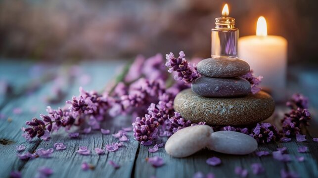 Spa wellness setting with stones candles lavender calm zen peaceful therapy nature relaxation health balance