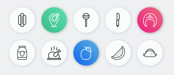Set line Plum fruit, Fish steak, Jam jar, Watermelon, Knife, Lollipop, Taco with tortilla and Roasted turkey chicken icon. Vector