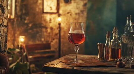 Naklejka premium Wine and glasses romantic candlelight bar elegant luxury night dinner mood vintage table drink