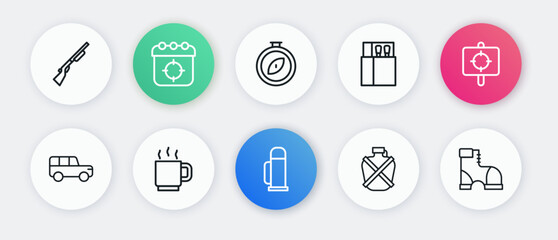 Set line Thermos container, Target sport, Safari car, Canteen water bottle, Open matchbox and matches, Compass, Hunter boots and Coffee cup icon. Vector