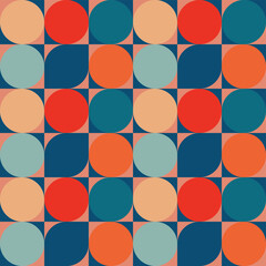 Mid-Century Modern Geometric Abstract Art Seamless Pattern Design of Circles and Squares in Vibrant Colors