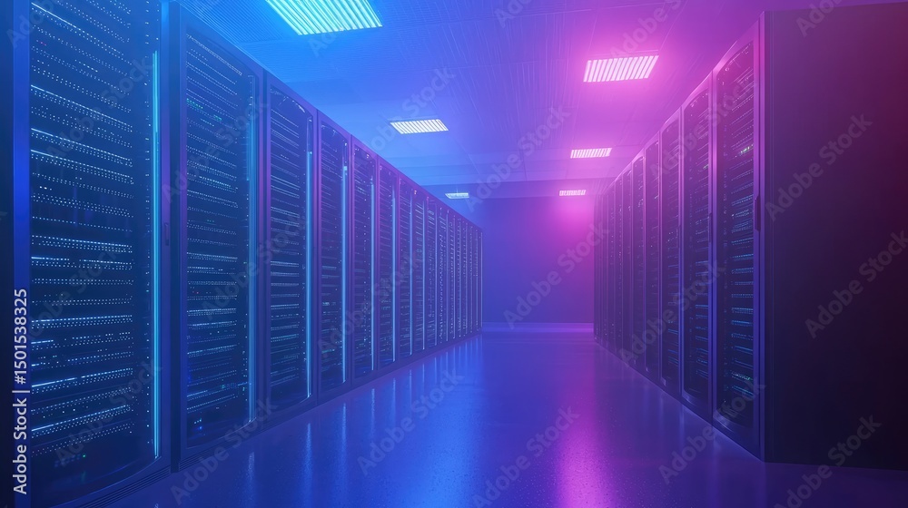 Aufkleber 3D rendering of a glowing server room with neon lights and rows of modern data racks, ideal for use in tech presentations, cloud computing, and IT infrastructure visuals