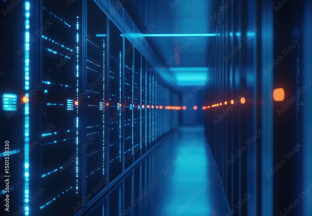 Poster Dimly lit corridor of blue-glowing server racks with orange indicators in a secure data center, suitable for IT visuals, cloud services, and modern network infrastructure themes