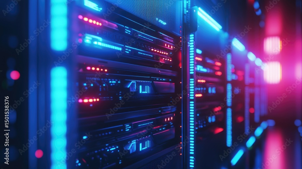 Poster close-up view of illuminated data servers in a high tech environment with neon lights, ideal for clo