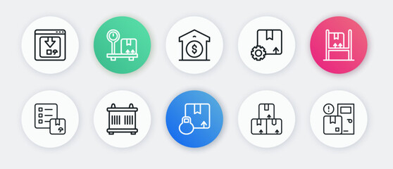 Set line Carton cardboard box, Warehouse interior with boxes, Verification of delivery list, Gear package, price, Home services and Container icon. Vector