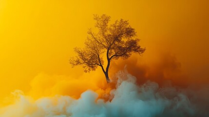 Golden sunset with lone tree in clouds abstract dreamy surreal landscape light concept peace solitude
