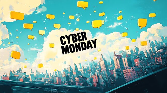 City skyline view with cyber monday promotion.
