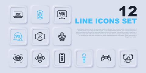 Set line Gamepad, 360 degree view, Wide angle picture, VR controller game, Virtual reality, 3d modeling and Augmented AR icon. Vector