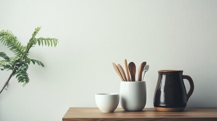 Scandinavian minimalist kitchen decor with wooden utensils neutral colors clean bright modern home lifestyle