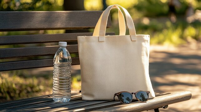 Canvas tote bag beside a reusable water bottle and sunglasses on a sunny outdoor bench