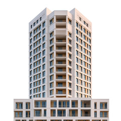 Modern apartment building, with its contemporary architectural design. The clean lines, symmetry, and use of natural materials create a sense of order, harmony, and sophistication.