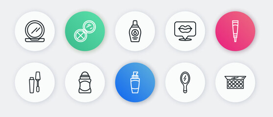 Set line Tube of hand cream, Cream or lotion cosmetic tube, Mascara brush, Hand mirror, Smiling lips, Bottle shampoo, Makeup powder with and Deodorant roll icon. Vector