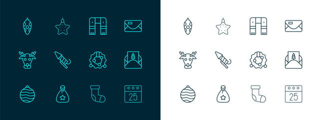 Set line Envelope, Santa Claus bag gift, Christmas wreath, stocking, Firework rocket, Winter scarf, toy and star icon. Vector