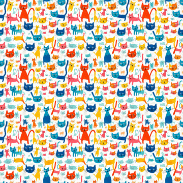Seamless tileable pattern of colorful crayon cats texture

