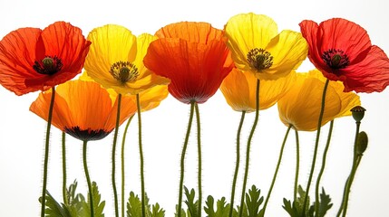 Obraz premium Vibrant poppy blossoms in various shades of red, orange, and yellow against a white background
