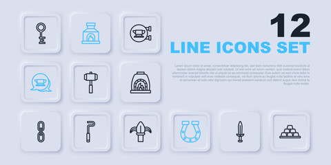 Fototapeta premium Set line Medieval sword, Gold bars, Sledgehammer, Horseshoe, Blacksmith anvil tool, Fire poker, oven and Classic iron fence icon. Vector
