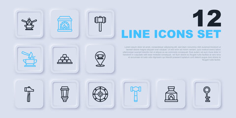 Set line Blacksmith oven, Old key, Gold bars, Hammer, Anvil and hammer, Garden light lamp, and Round shield icon. Vector