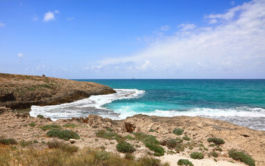 Aerial panoramic view of the natural rocky coastline of the Mediterranean Sea in the area of ​​HaBonim Beach Nature Reserve, Israel