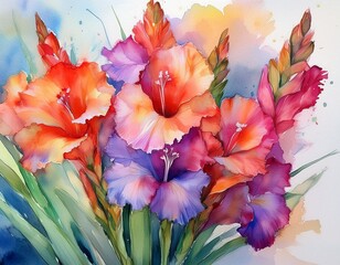 watercolor gladiolus flowers generative ai