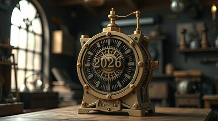 Steampunk style clock with the year 2026 displayed on its intricate face