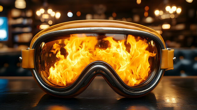 Ski Goggles Reflecting Intense Flames: Symbolism of Passion and Winter Sports