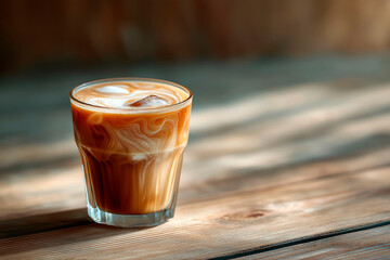 Glass of iced coffee with milk swirling inside, placed on a wooden table in warm natural light