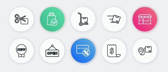 Set line Discount card with percent, Market store, Price tag New, Paper check and financial check, Location cardboard box, Hand truck boxes, and Hanging sign text Open icon. Vector