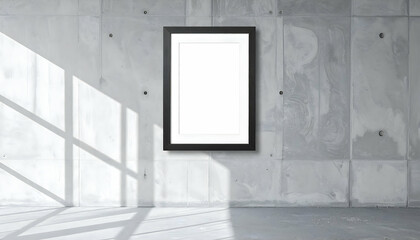 Empty Black Frame on Concrete Wall with Sunlight Shadows