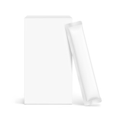 Blank three seal stick package bag with paperboard box mockups. Front view. Vector illustration isolated on white background. Can be use for food, cosmetic, pharmacy and etc. EPS10.