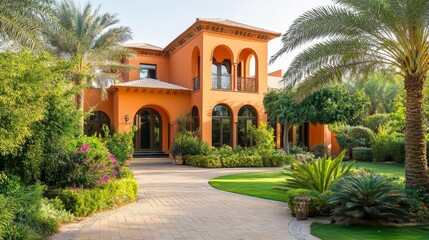 Luxury Villa with Lush Garden, Palm Trees, and Architectural Arches