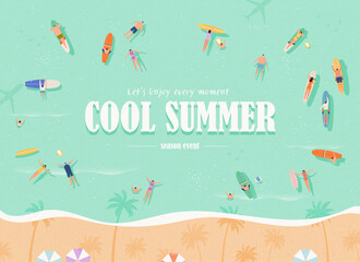 시원한 바다에서 서핑을 즐기는 여름 휴가 일러스트 