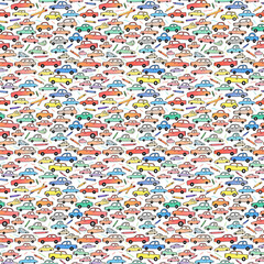 Seamless tileable pattern of colorful crayon cars texture
