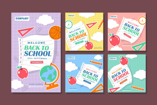 Social media template set for back to school promotion, ideal for social media campaigns