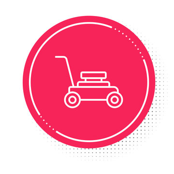 recommend clip art: White line Lawn mower icon isolated on white background. Lawn mower cutting grass. Red circle button. Vector