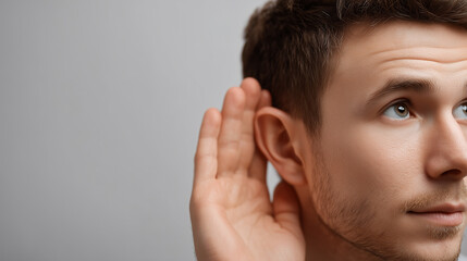 Fototapeta premium Young man listening intently with hand cupped behind ear on gray background, focused expression showing curiosity and engagement in conversation