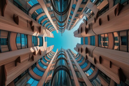 Modern architectural structure with glass facade and cylindrical sections under clear blue sky