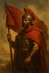 Ancient warrior with red flag