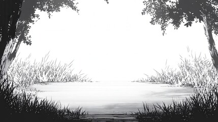 A tranquil monochrome illustration depicts a serene pond landscape