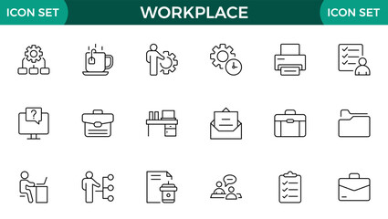 Workplace web icons in line style. Employ, conference, project, document, business, work, support, contact us, productivity strategy, collection.