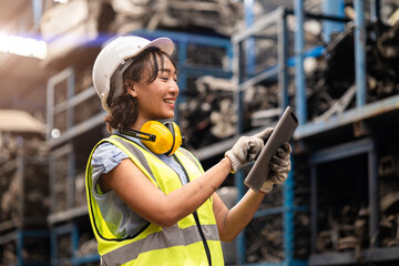 Happy Asian women engineer staff worker enjoy working in factory heavy industry.