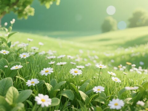 A field of daisies in a sunny meadow - Powered by Adobe