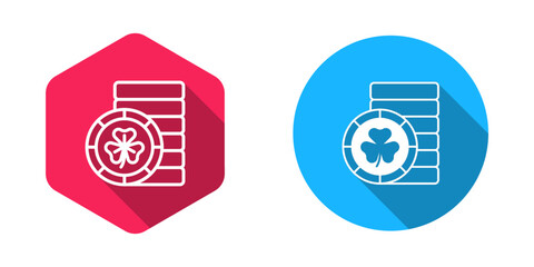 Filled and outline Golden leprechaun coin with clover trefoil leaf icon isolated with long shadow background. Happy Saint Patricks day. National Irish holiday. Vector