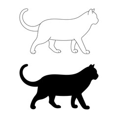 Walking Cat Silhouette and Outline Vector Illustration. A clean and minimalistic vector illustration featuring two versions of a walking cat in profile view.