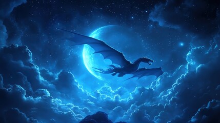 Obraz premium A mystical dragon flying under a full moon.