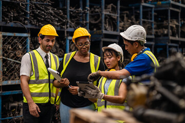 group of workers team talking, mix people multiracial working together, engineers at work meeting in factory