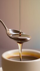 Honey drizzling from a spoon into coffee cup.